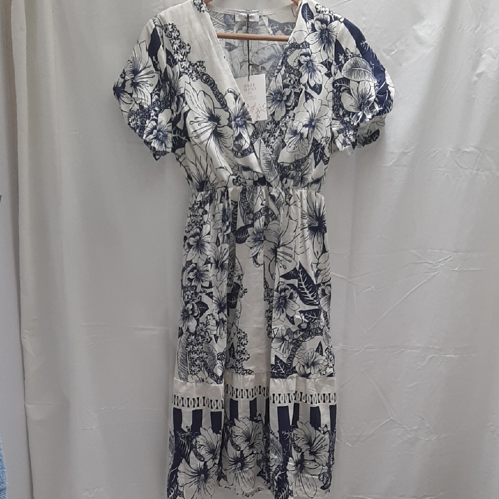 New Spighe Di Lino Floral Navy and Ivory Linen/cotton Dress Made In Italy Sz L